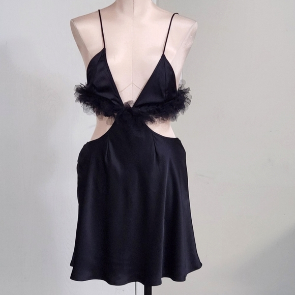 New!For Love and Lemons Satin Cutout Tulle Trim Slip Dress - Picture 7 of 15